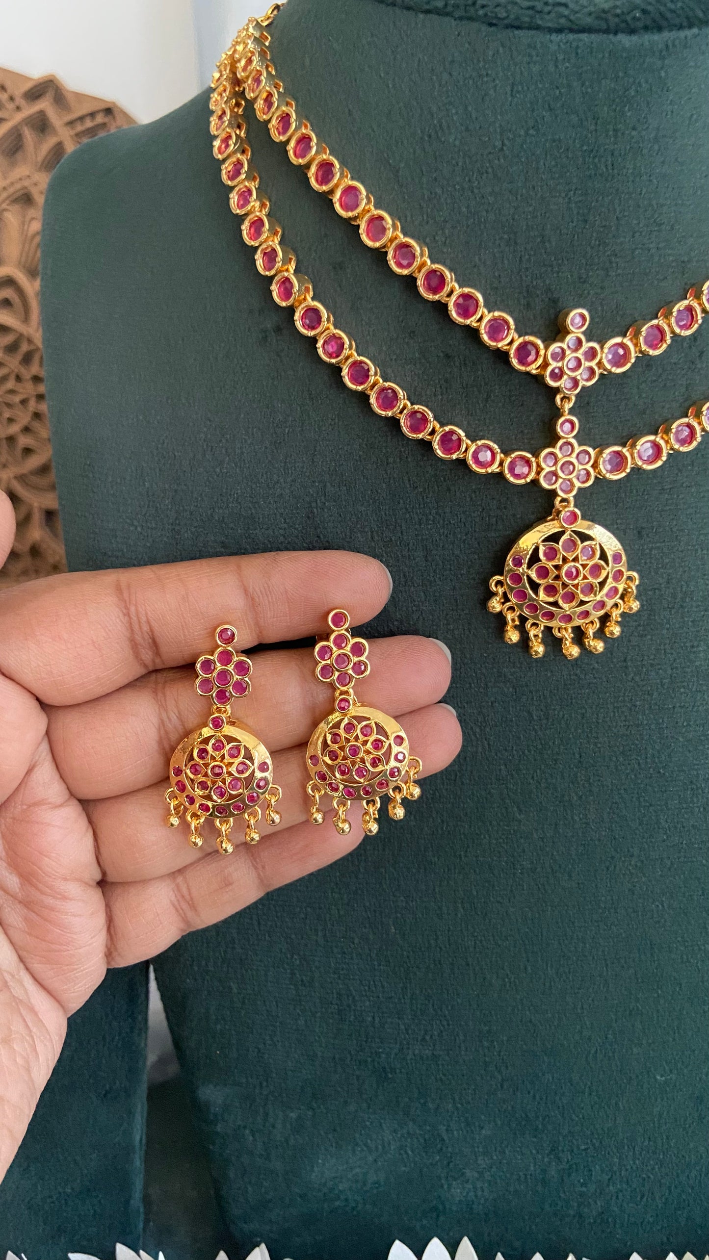 Ruby Double Layer Attigai Necklace Set