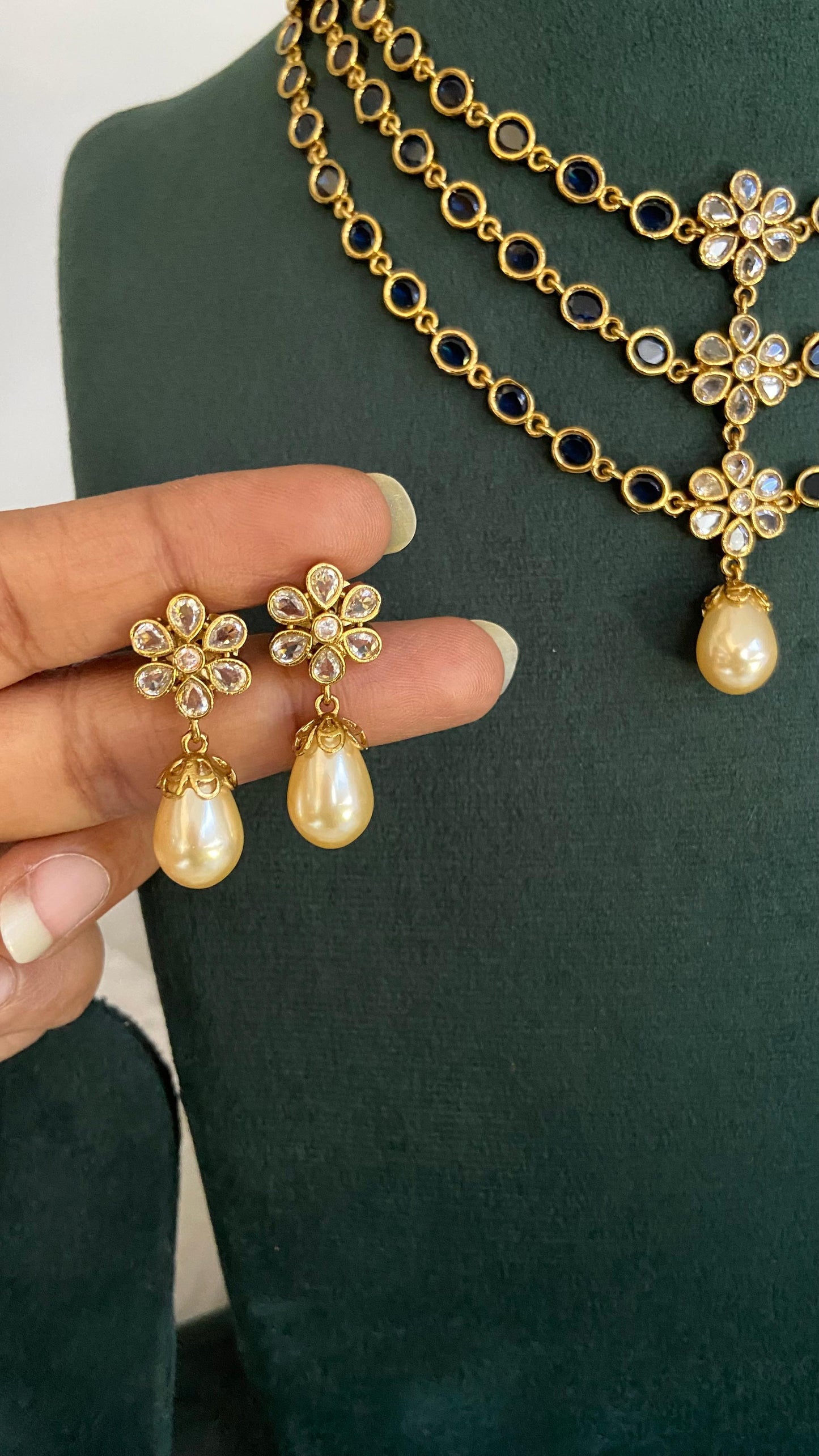 Diamond Lookalike 3 Layer Blue Stone Necklace Set