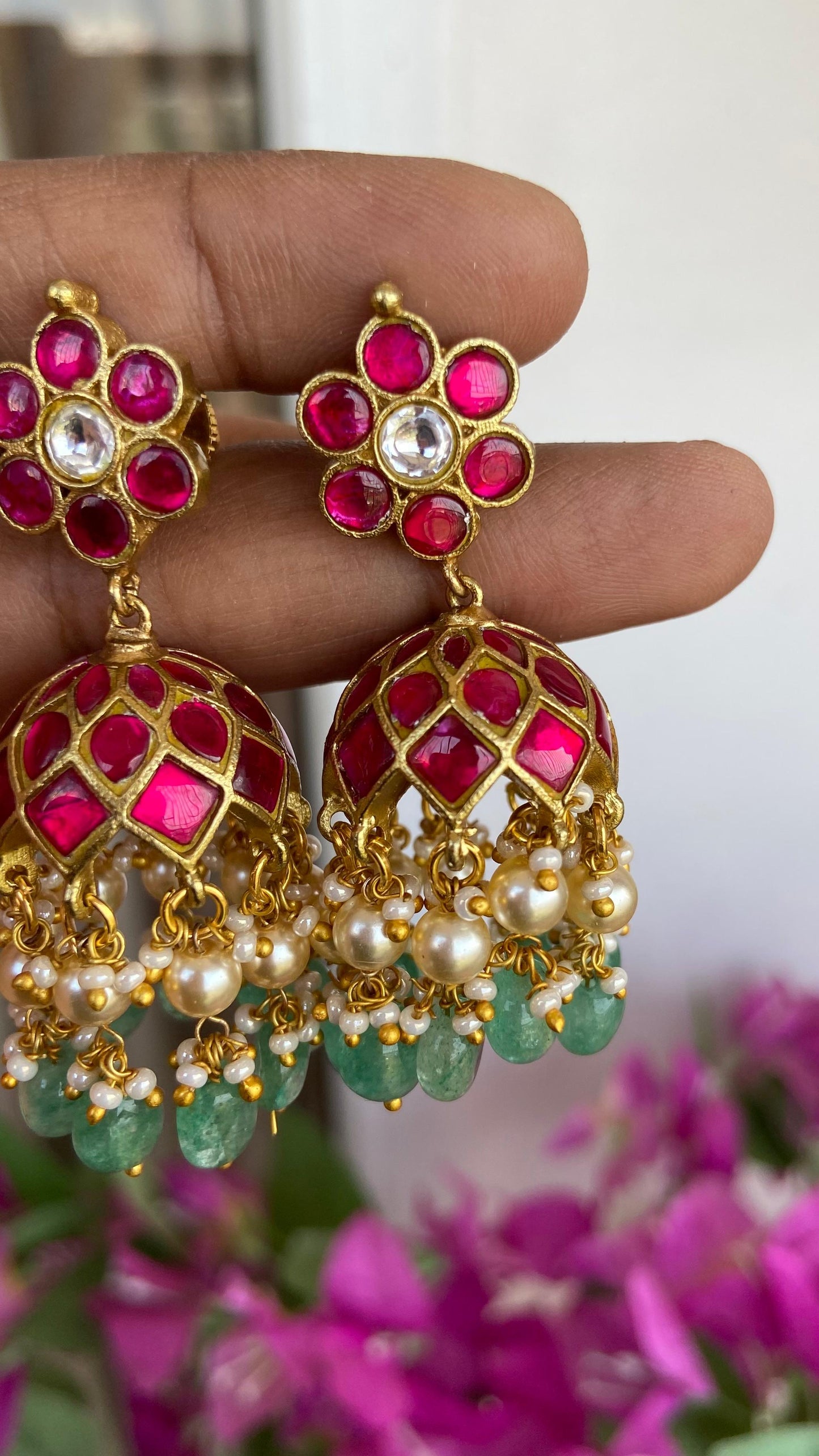 Jadau Kundan Ruby Jumka with Pearl Drops