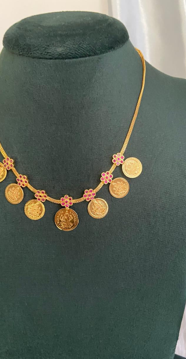 Ruby Flower Lakshmi Coin Necklace Set