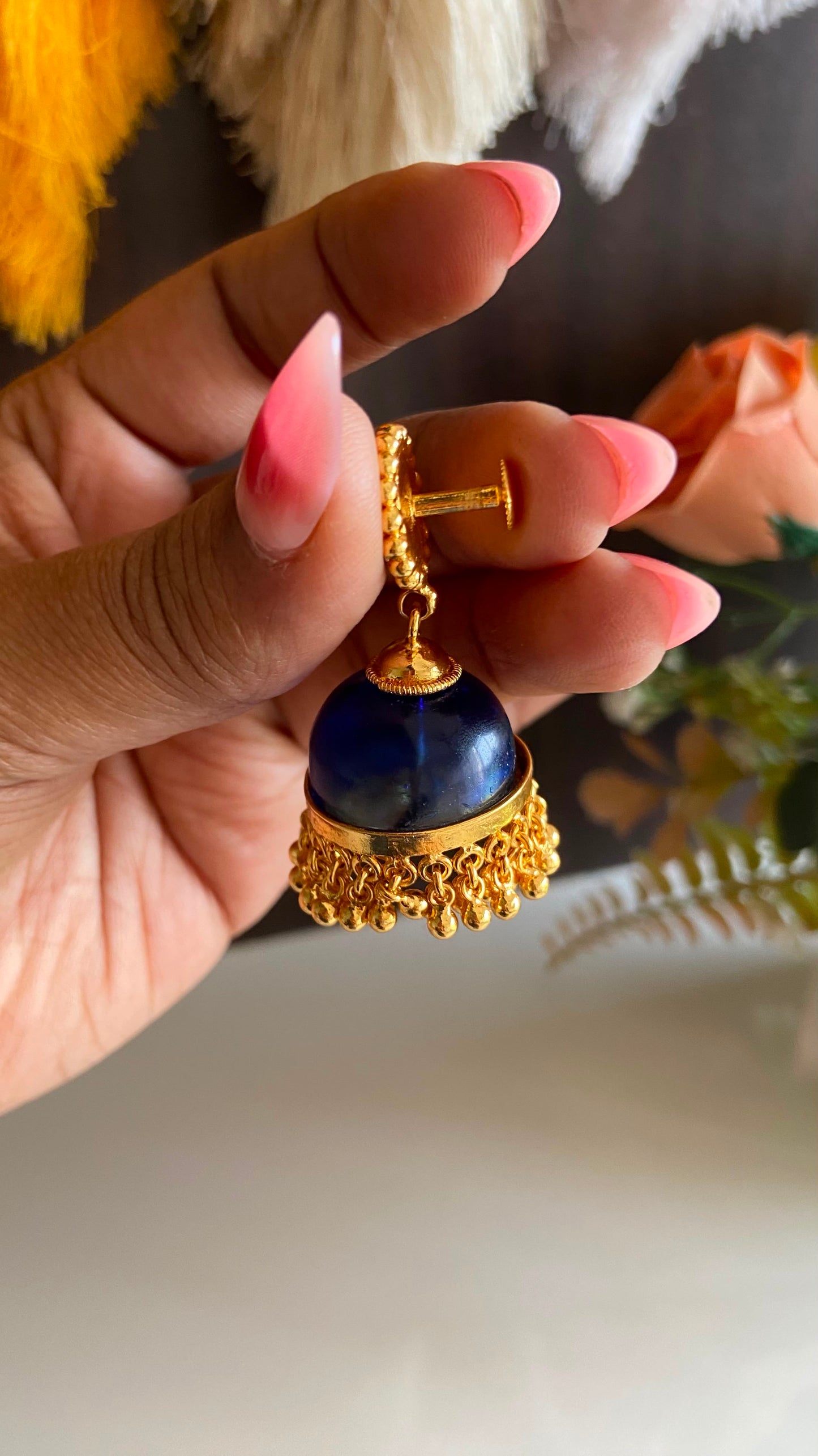 Gold Plated Blue Glass Stone Jumka