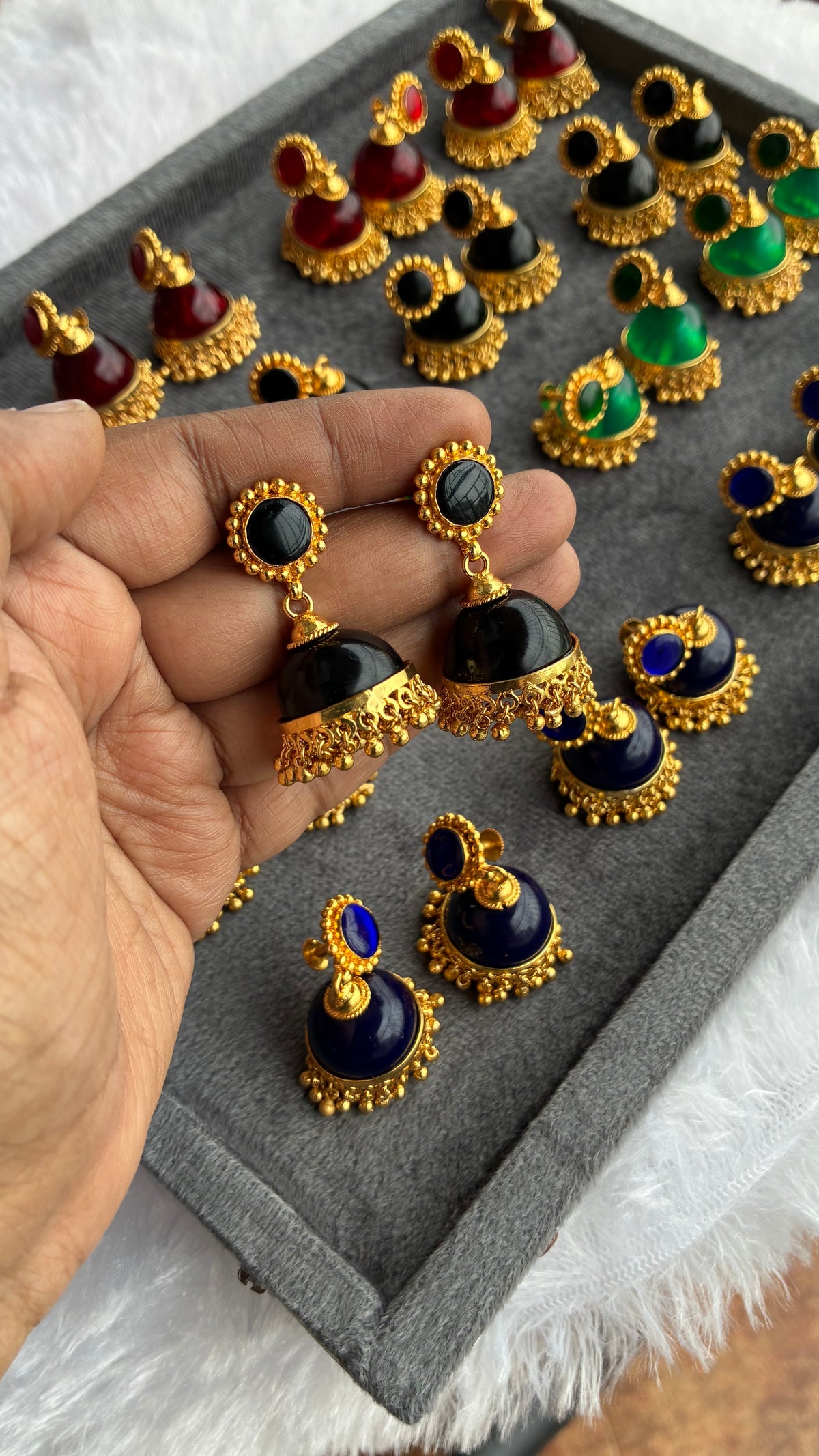 Gold Plated Black Glass Stone Jumka