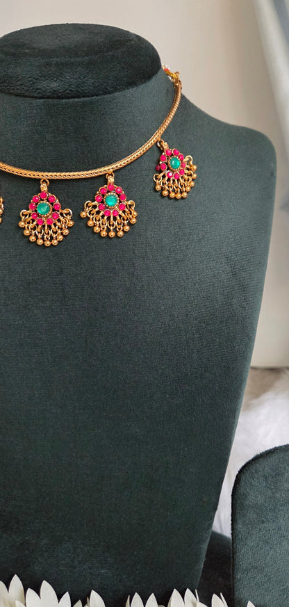 Ruby Hanging Attigai Necklace Set