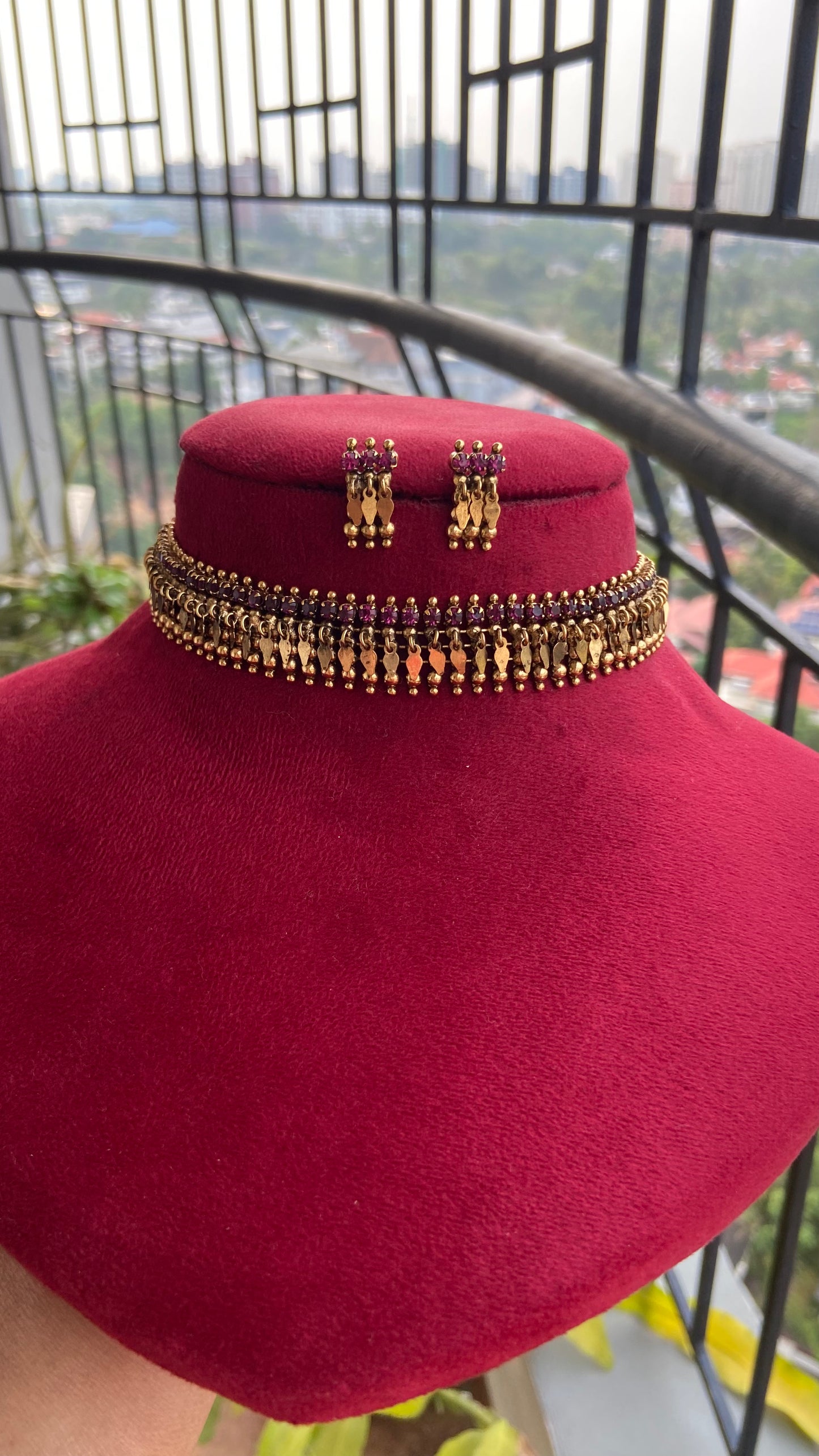 Antique Finish Ruby Single Line Elakathali with Earrings