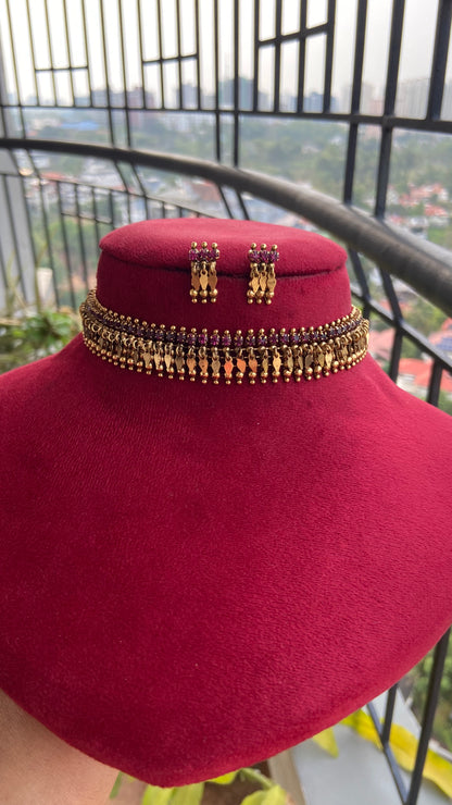 Antique Finish Ruby Single Line Elakathali with Earrings