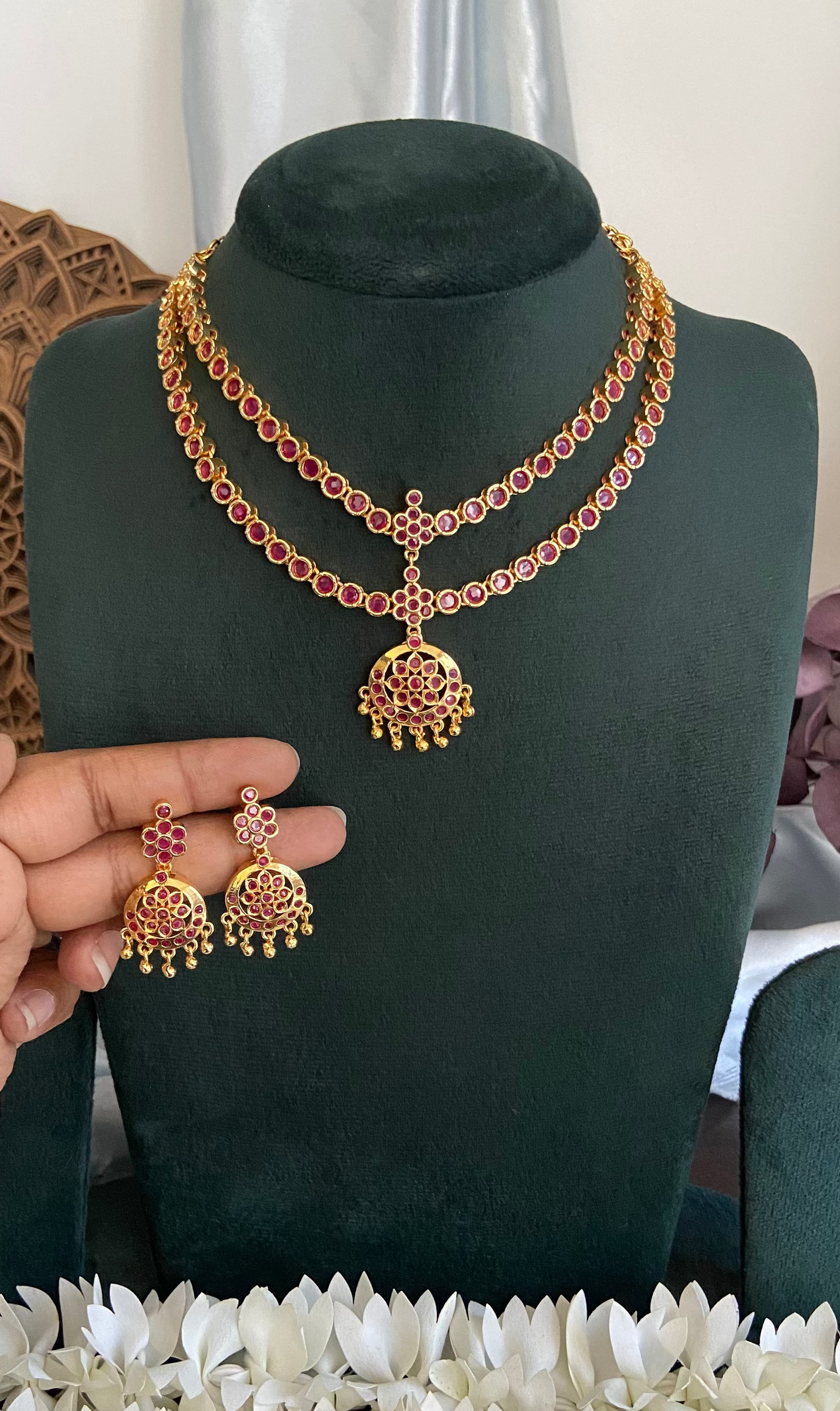 Ruby Double Layer Attigai Necklace Set