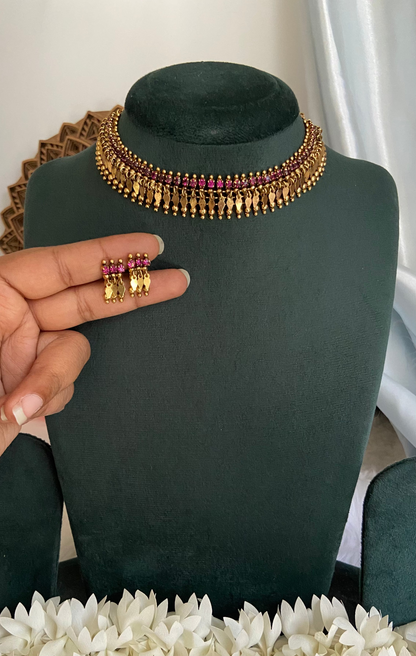 Antique Finish Ruby Single Line Elakathali with Earrings