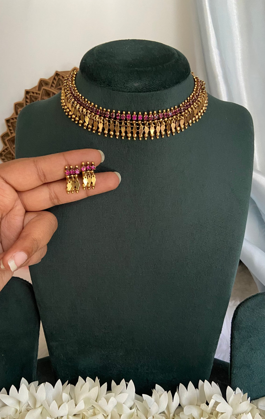 Antique Finish Ruby Single Line Elakathali with Earrings