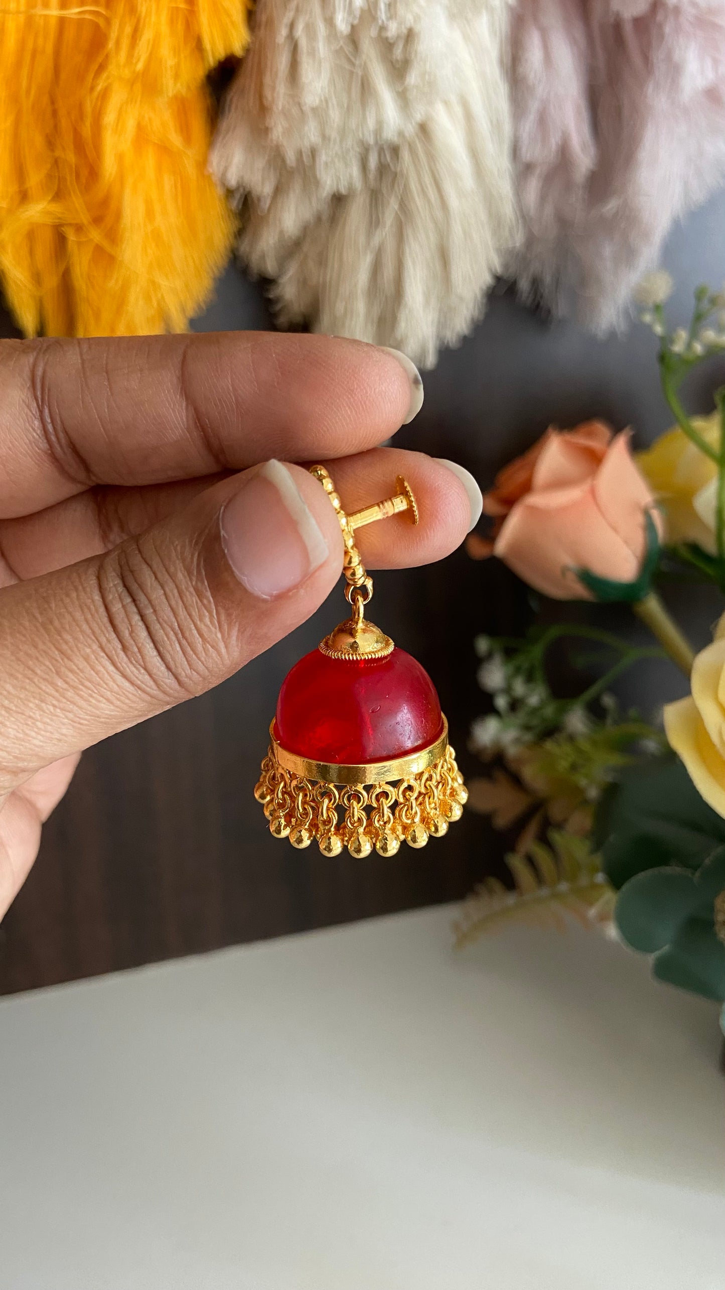 Gold Plated Red Glass Stone Jumka
