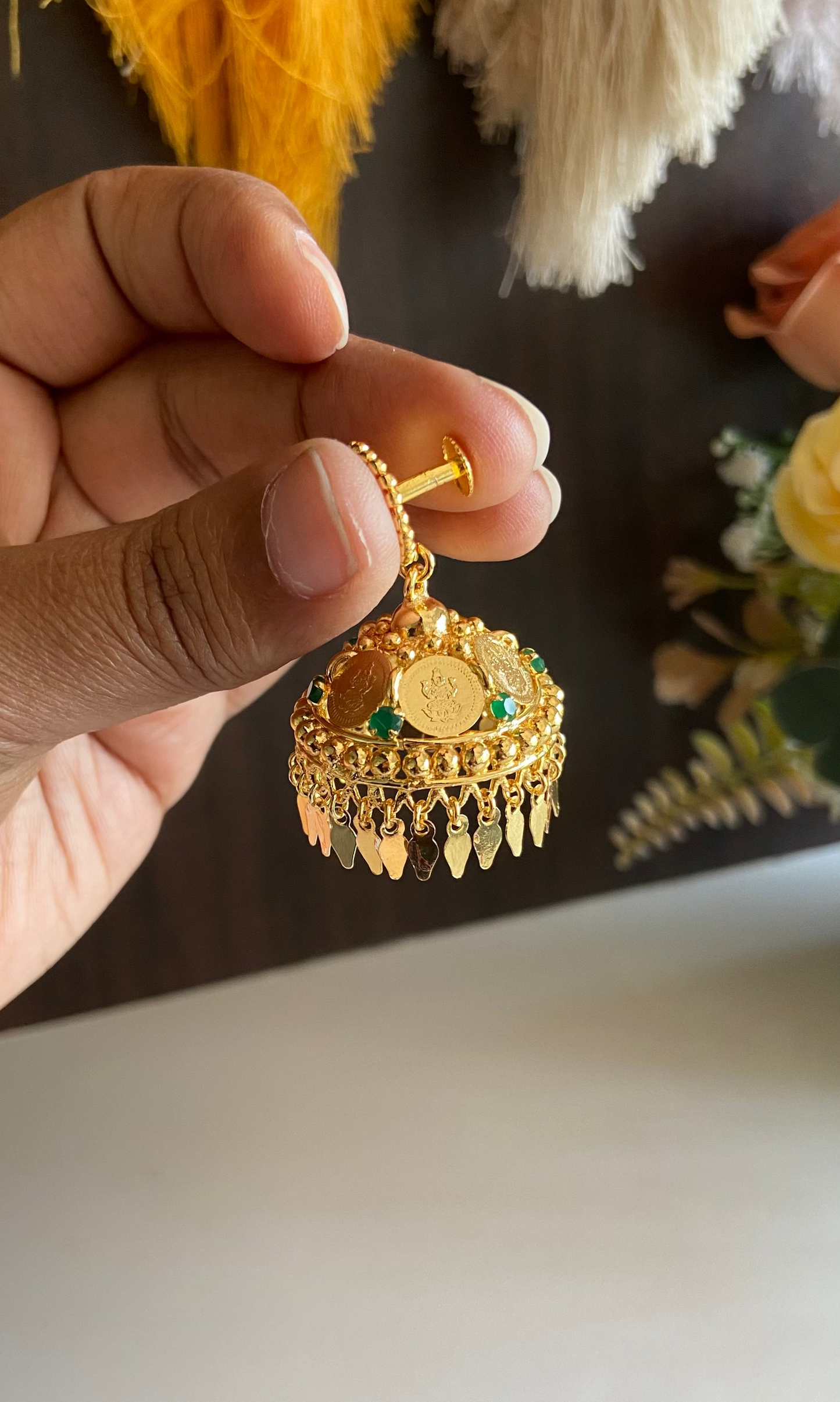 Coin Elakathali Jumka with Green Stone