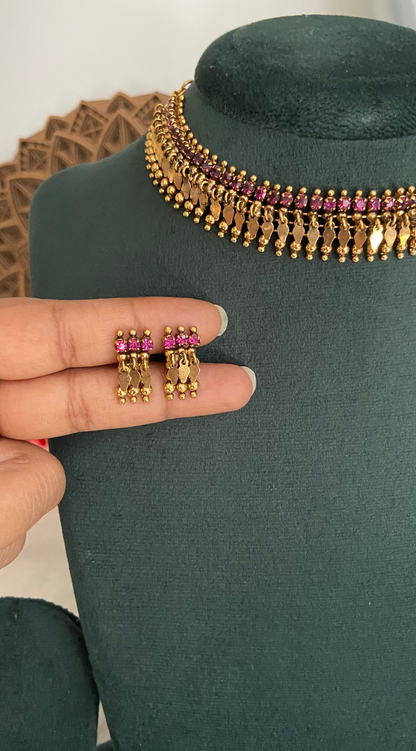 Antique Finish Ruby Single Line Elakathali with Earrings