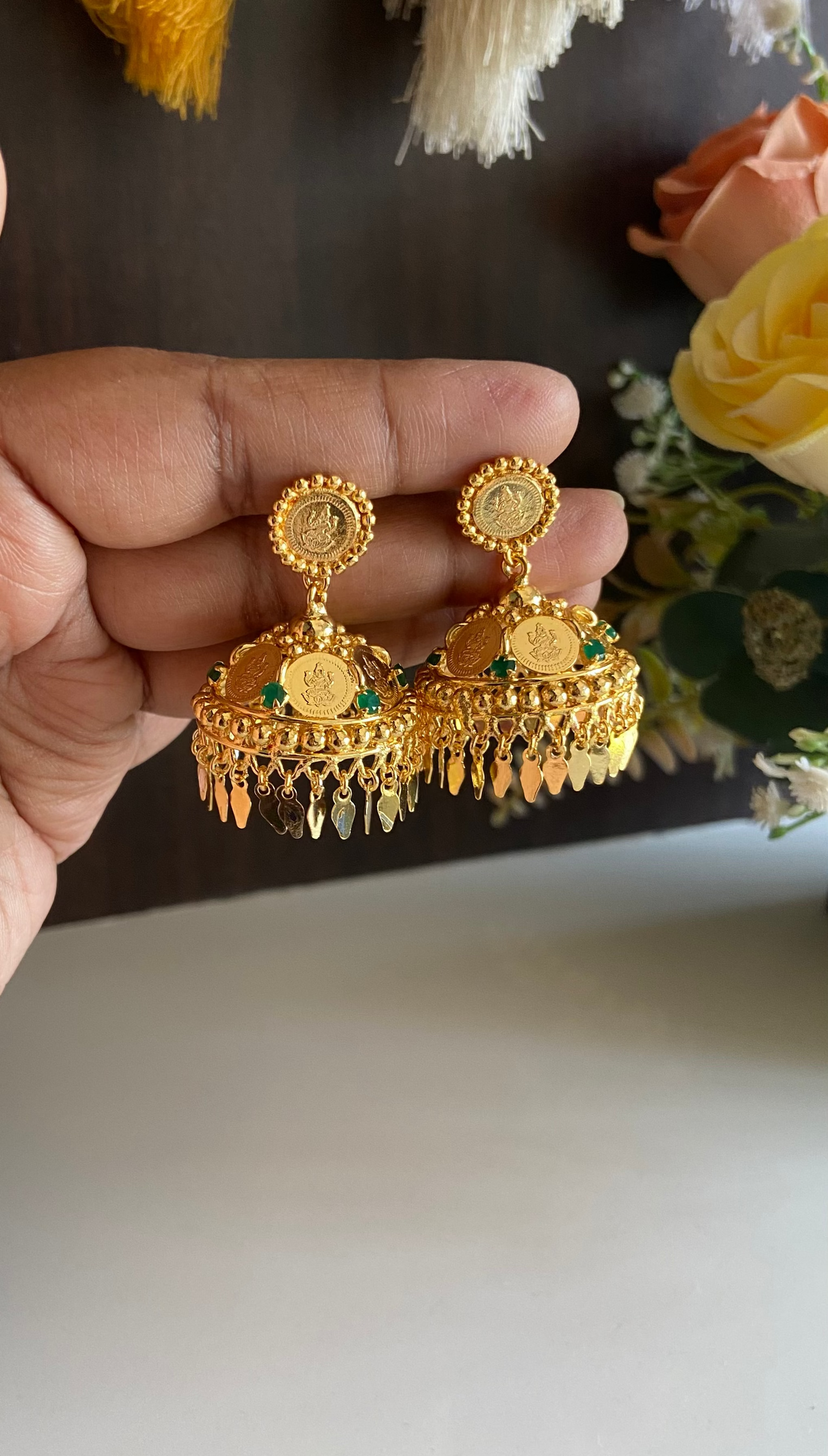 Coin Elakathali Jumka with Green Stone