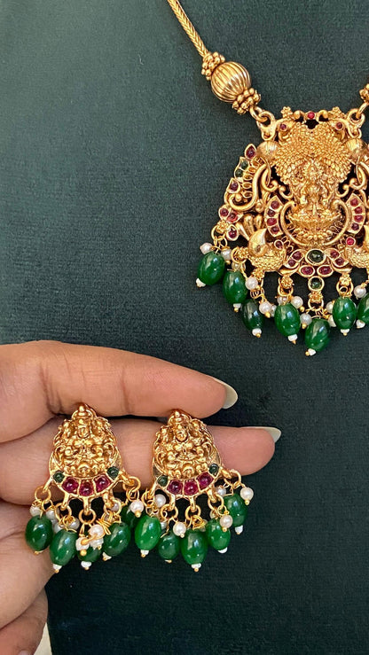 Green Pearl Drop Lakshmi Pendant Necklace Set
