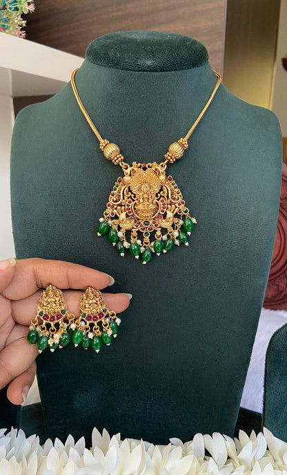 Green Pearl Drop Lakshmi Pendant Necklace Set