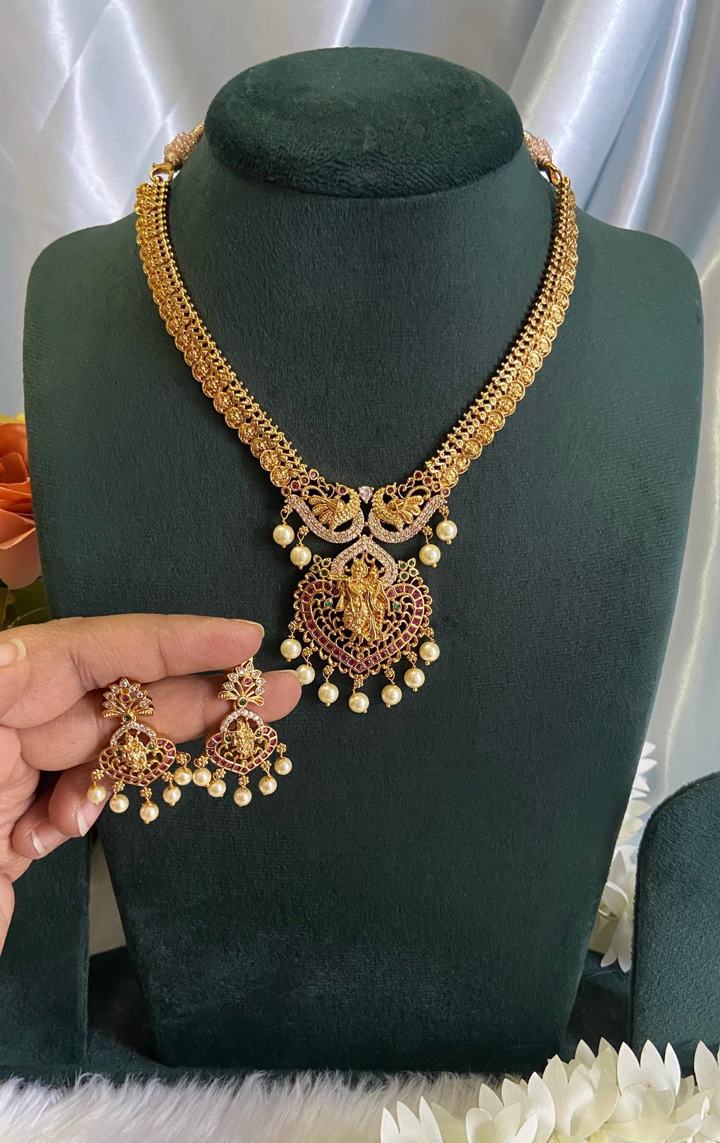 Radha Krishna Coin Necklace with Earrings