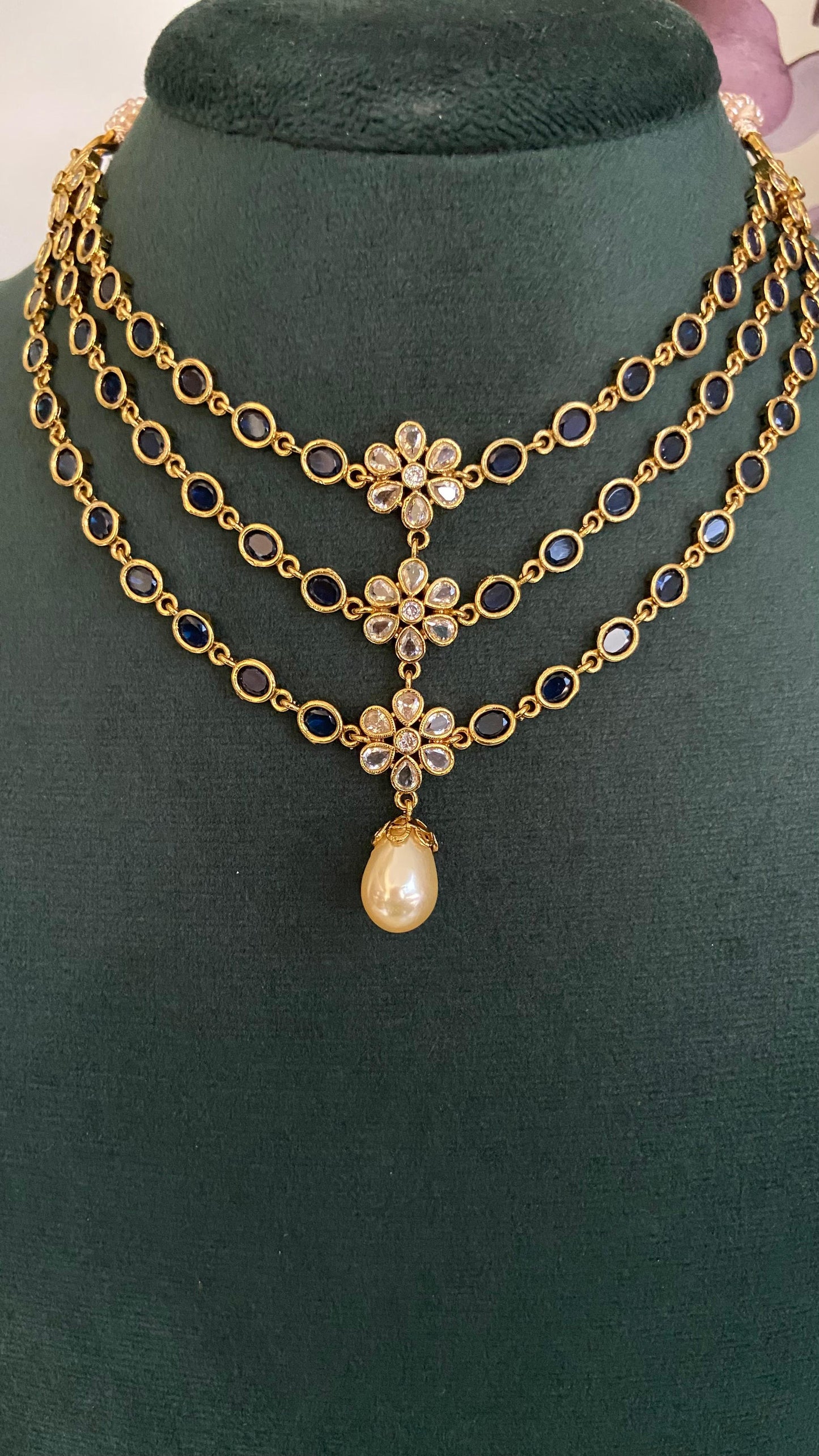 Diamond Lookalike 3 Layer Blue Stone Necklace Set
