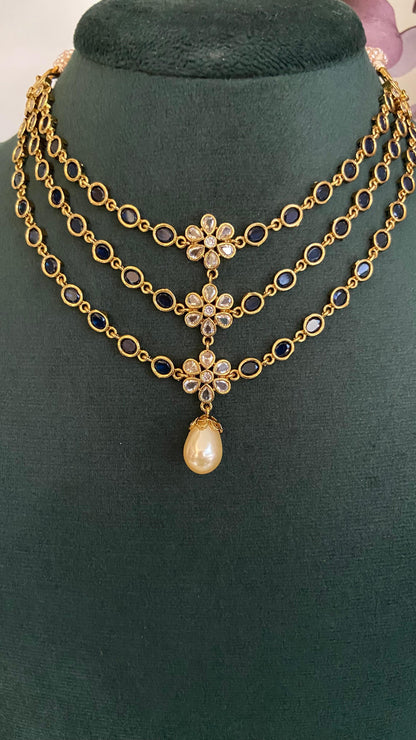 Diamond Lookalike 3 Layer Blue Stone Necklace Set