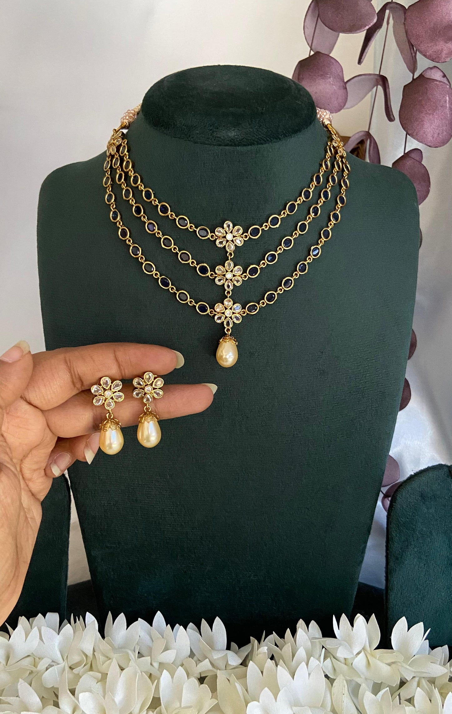 Diamond Lookalike 3 Layer Blue Stone Necklace Set