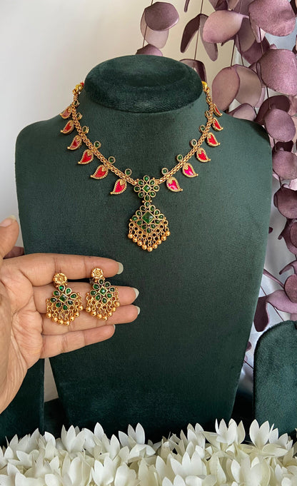 Antique Red Palakka Mango Pendant Necklace Set