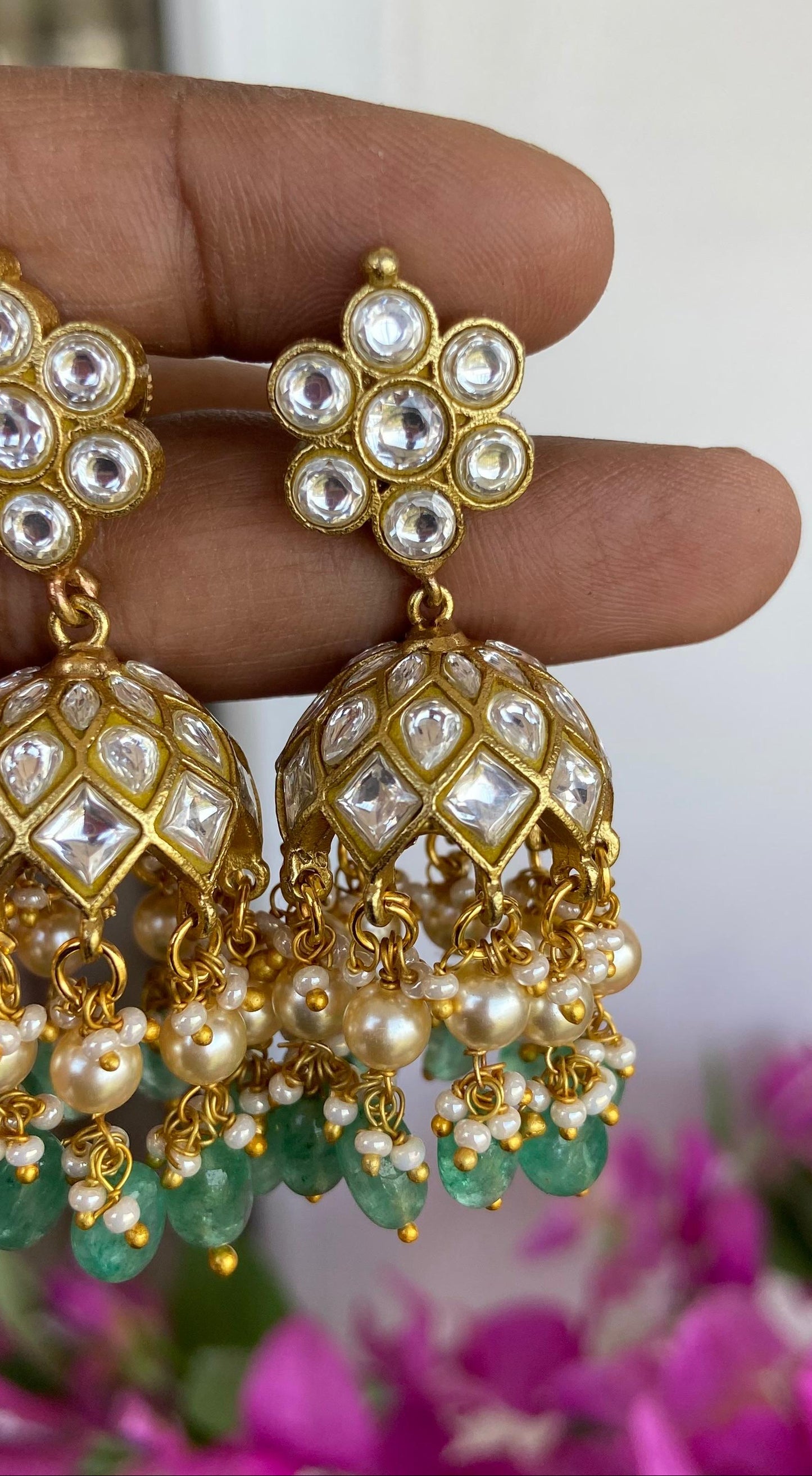 Jadau Kundan White Jumka with Pearl Drops
