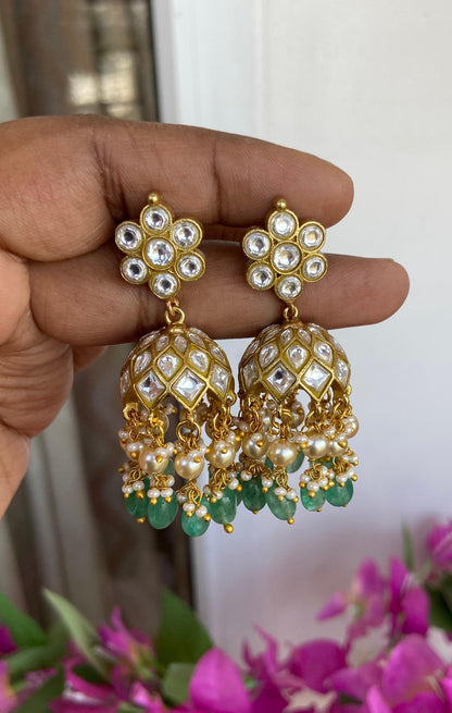 Jadau Kundan White Jumka with Pearl Drops