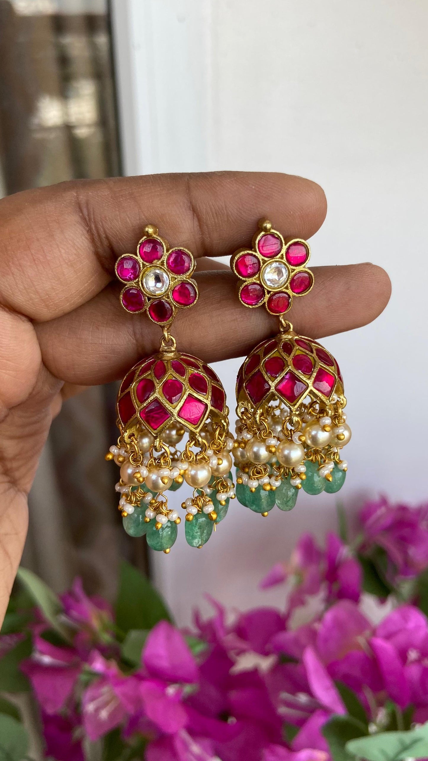 Jadau Kundan Ruby Jumka with Pearl Drops