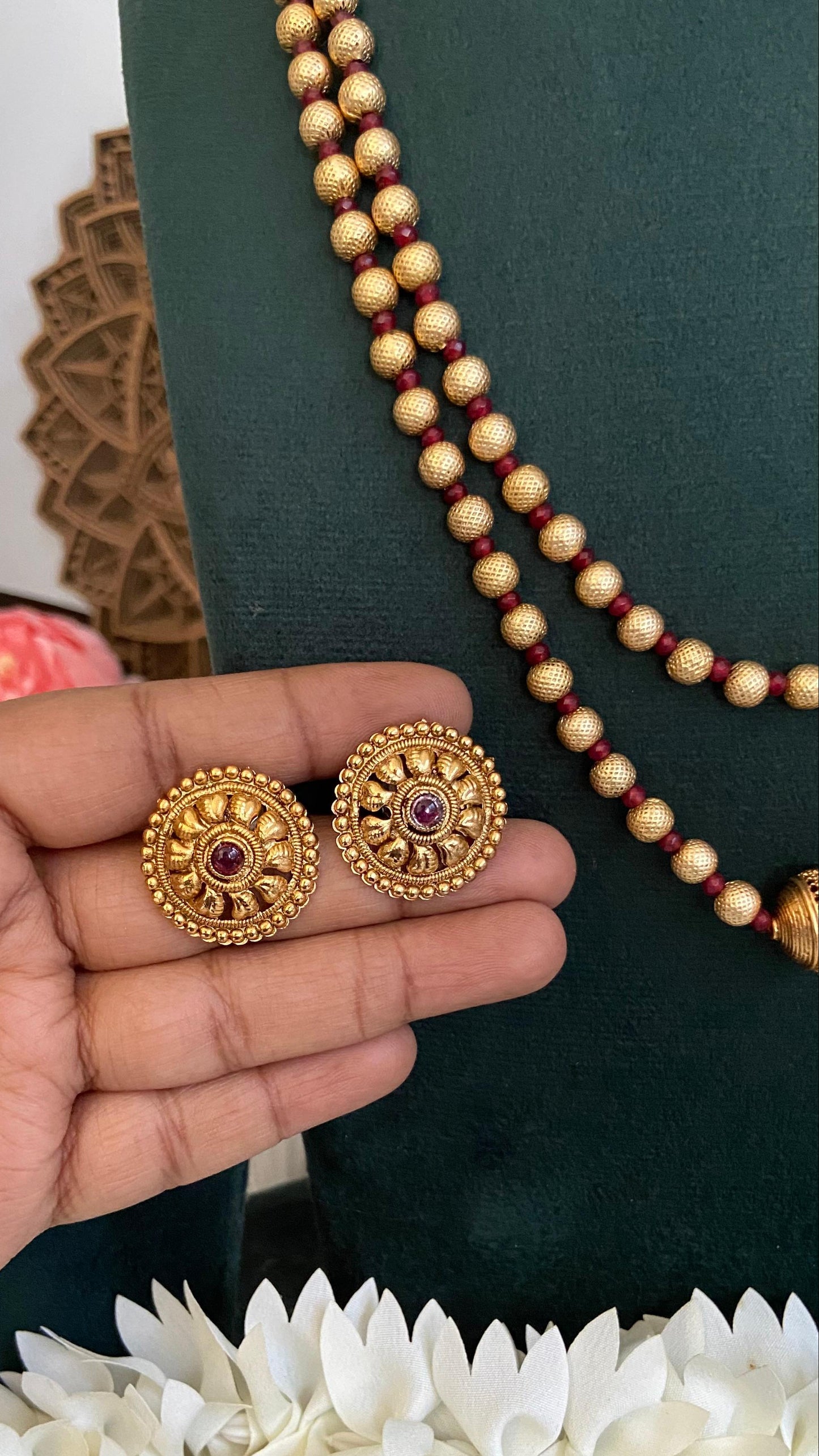 Antique 2 Layer Mani Mala with Earrings
