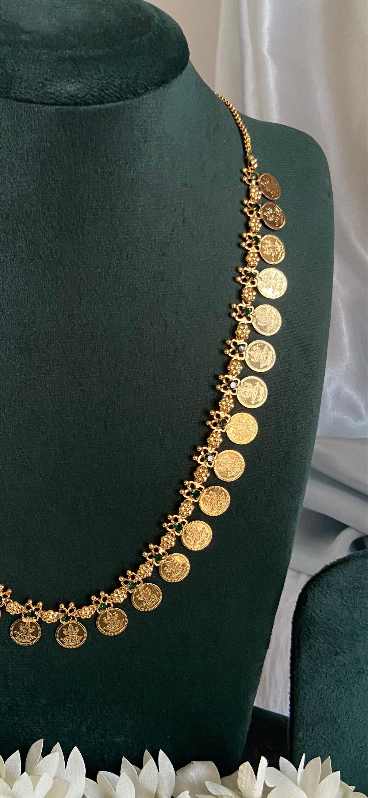 30 Lakshmi Coin with Green Stone Mid-Long Necklace