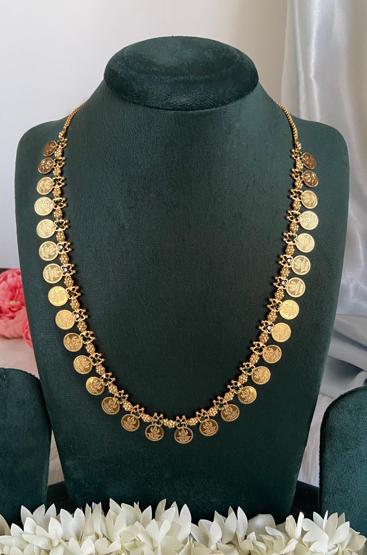 30 Lakshmi Coin with Green Stone Mid-Long Necklace