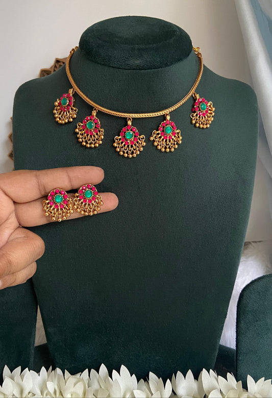 Ruby Hanging Attigai Necklace Set