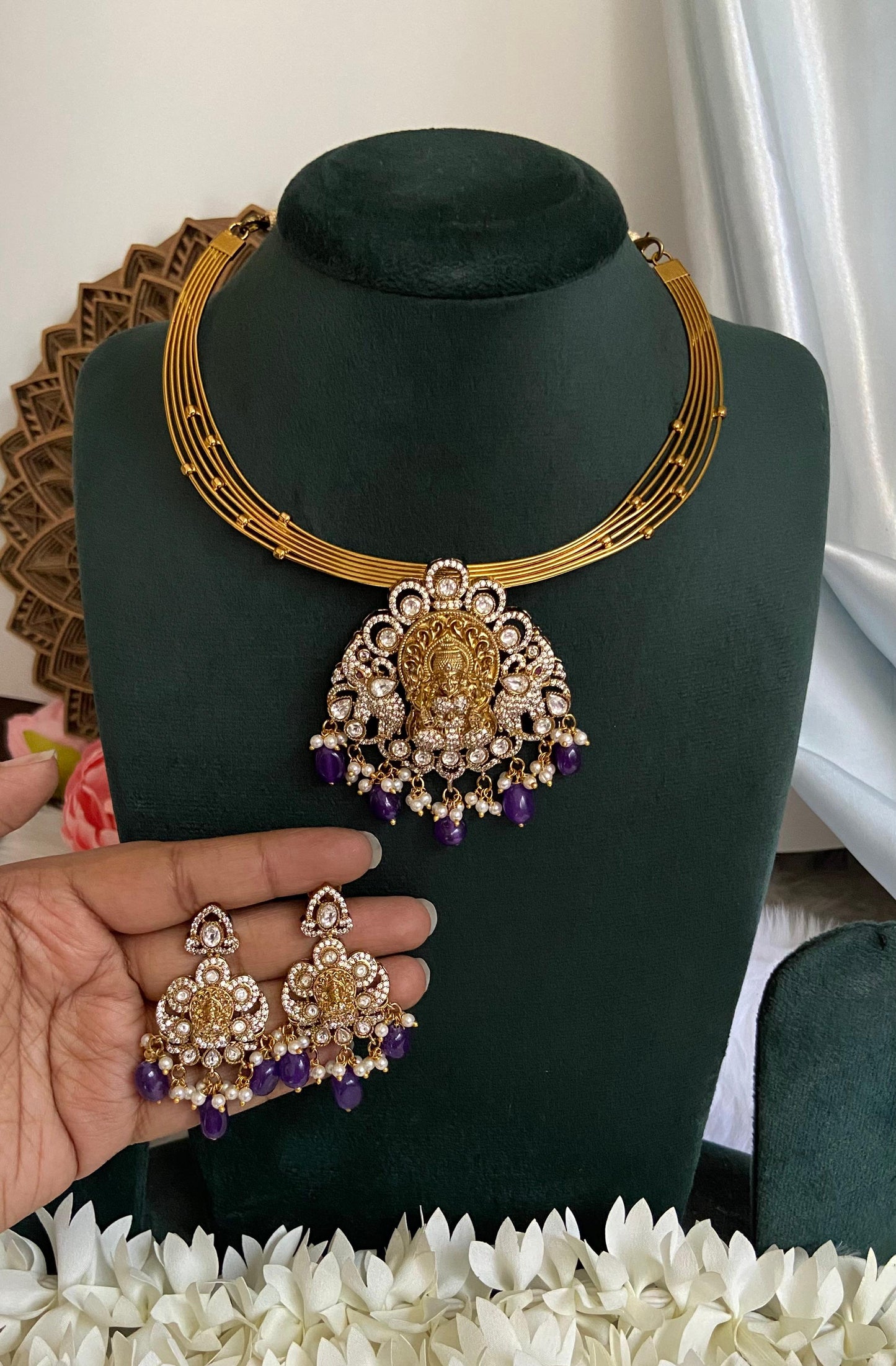 Purple Aura Removable Lakshmi Pendant Hasli Necklace Set