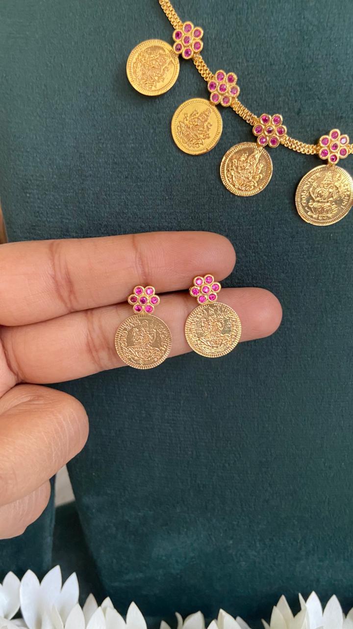 Ruby Flower Lakshmi Coin Necklace Set
