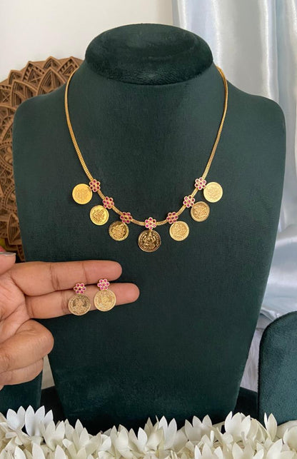 Ruby Flower Lakshmi Coin Necklace Set