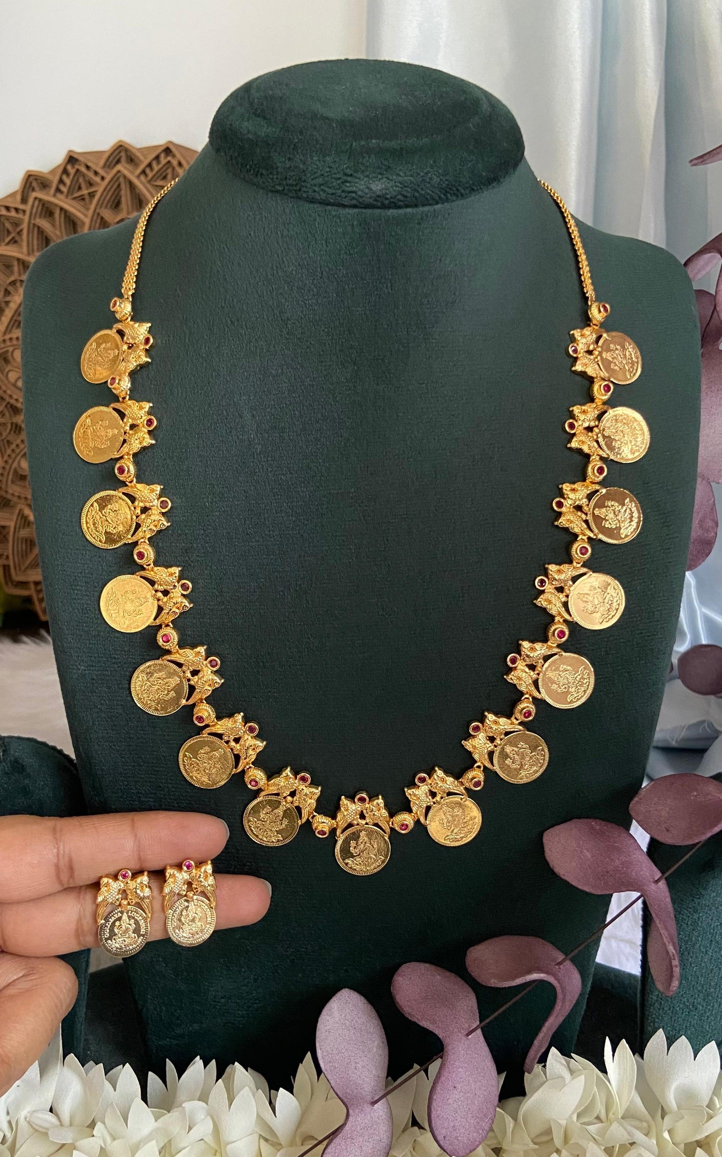 Peacock Lakshmi Coin Long Necklace Set