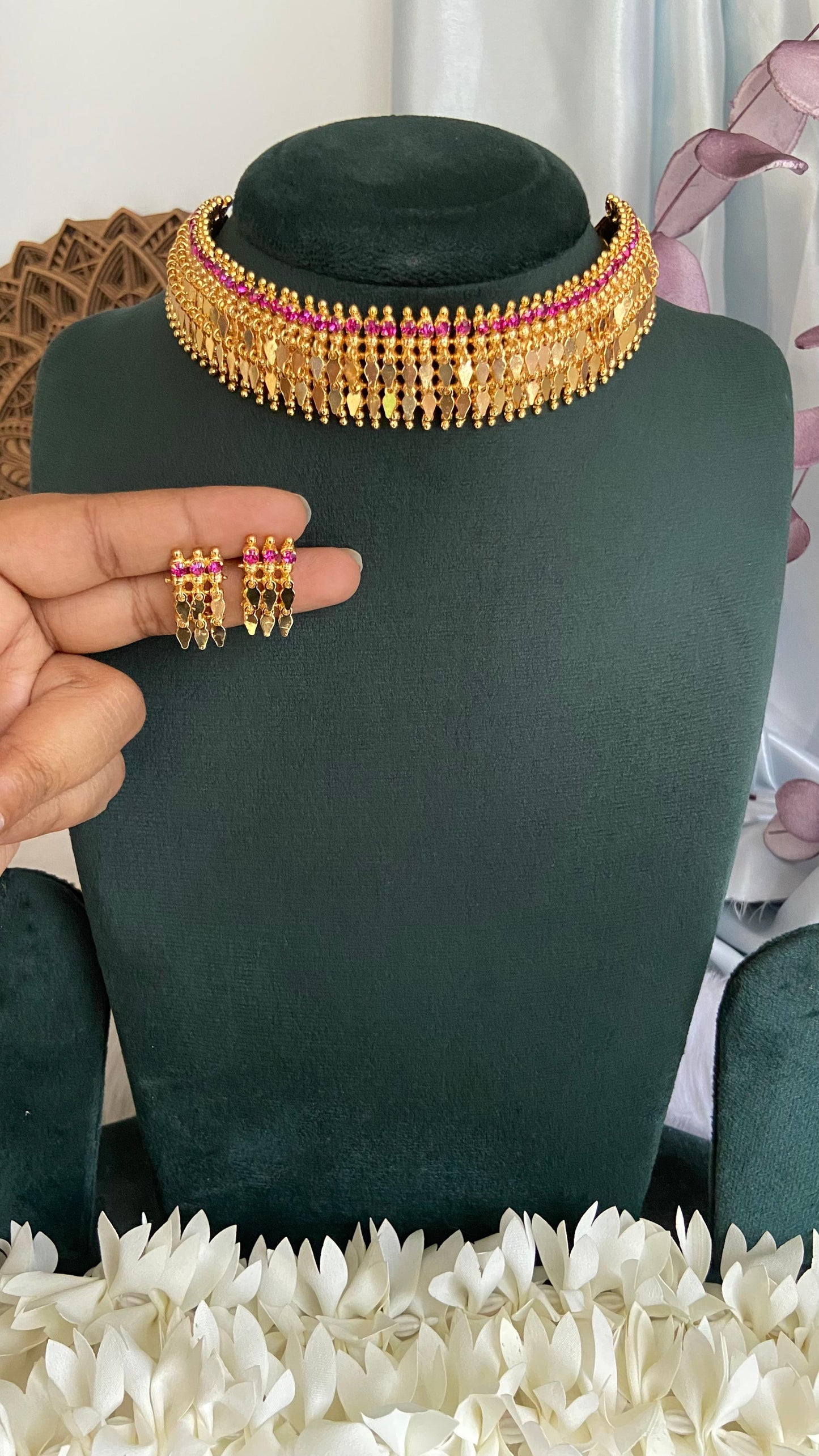 Ruby 2 Line Elakathali with Earrings