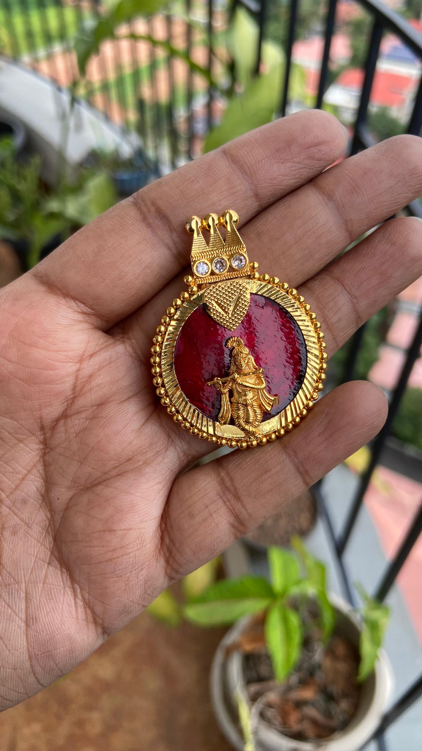 Red Palakka Krishna Round Pendant