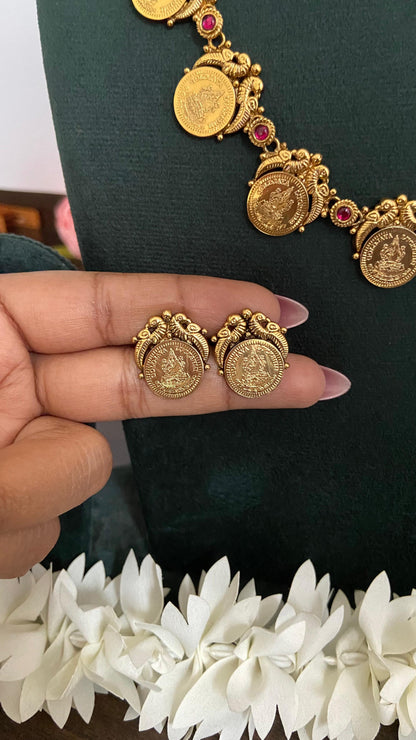Antique Peacock Lakshmi Coin Long Necklace Set