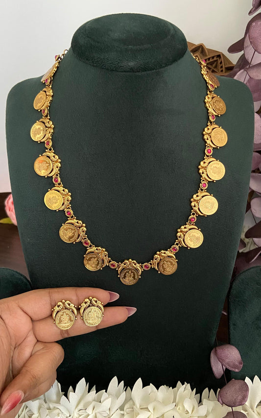 Antique Peacock Lakshmi Coin Long Necklace Set