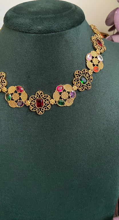 Antique Finish Multi Colour Gem Stone Necklace Set