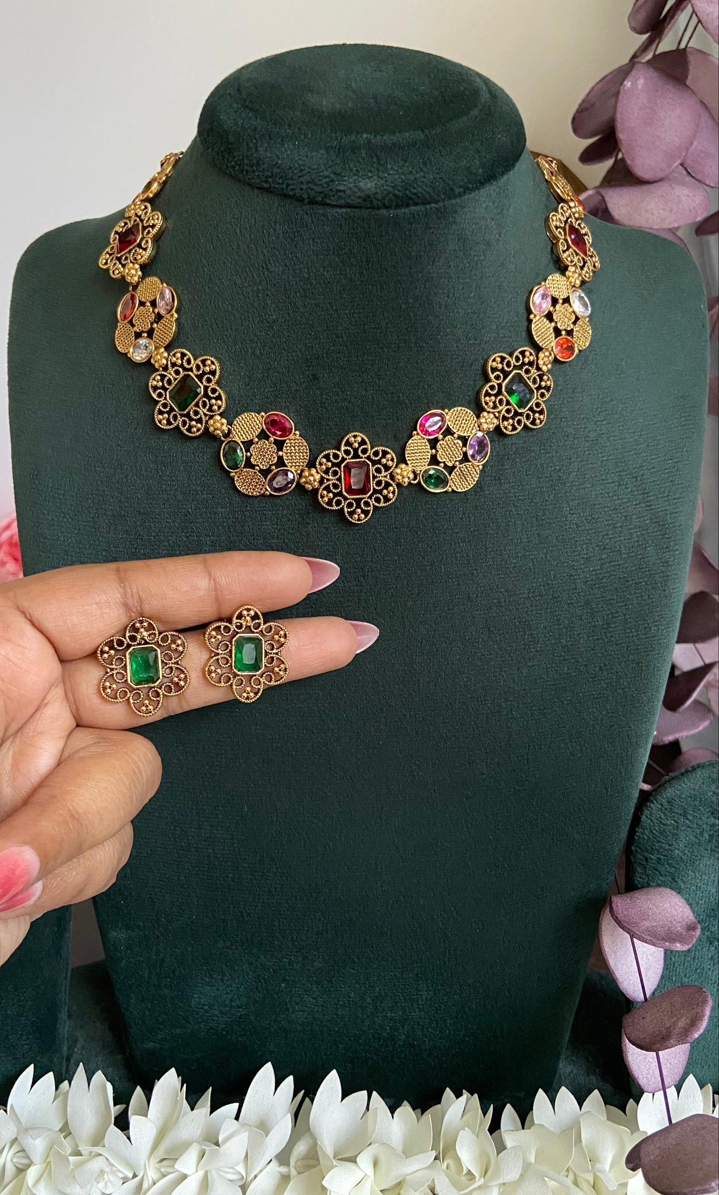 Antique Finish Multi Colour Gem Stone Necklace Set