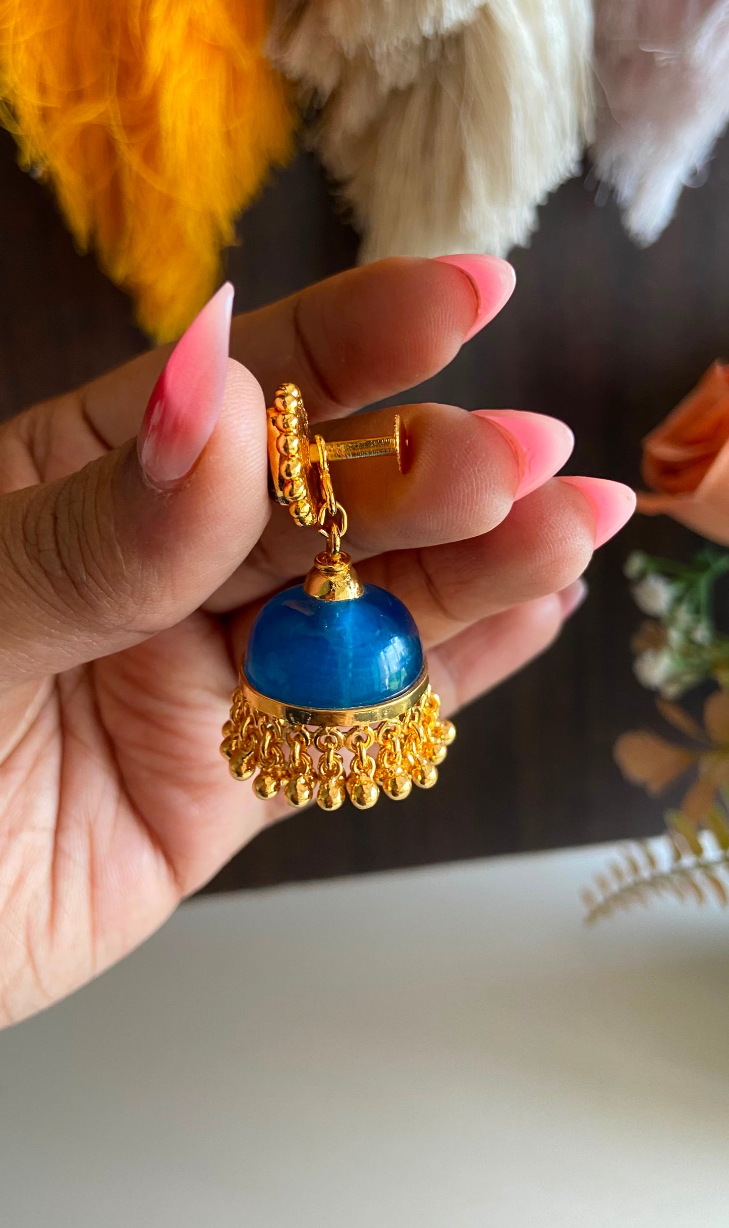 Gold Plated Peacock Blue Glass Stone Jumka