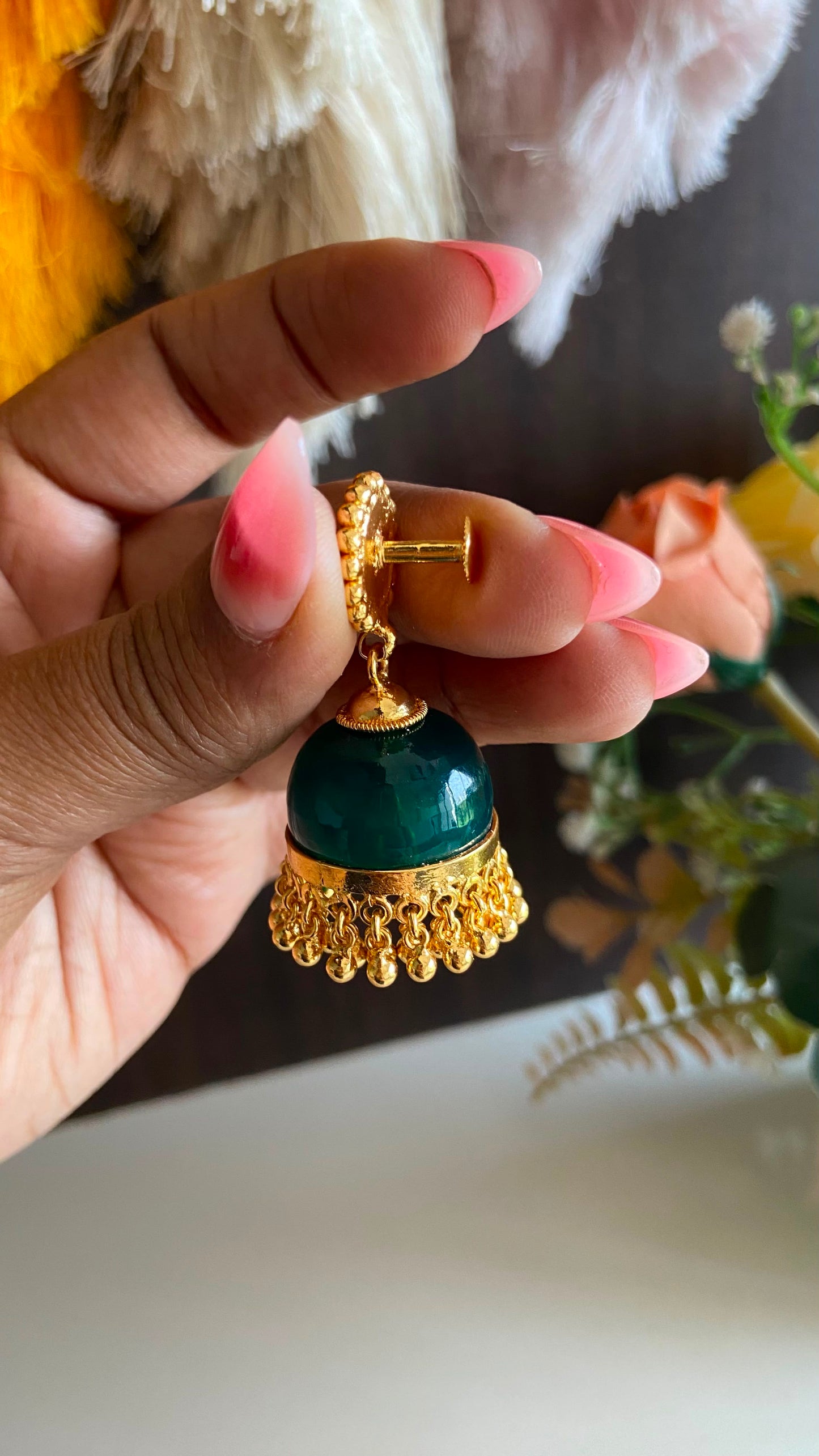 Gold Plated Dark Green Glass Stone Jumka