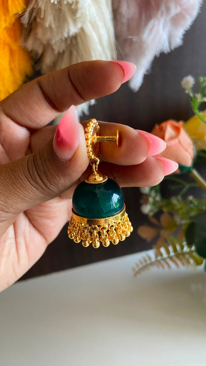 Gold Plated Dark Green Glass Stone Jumka