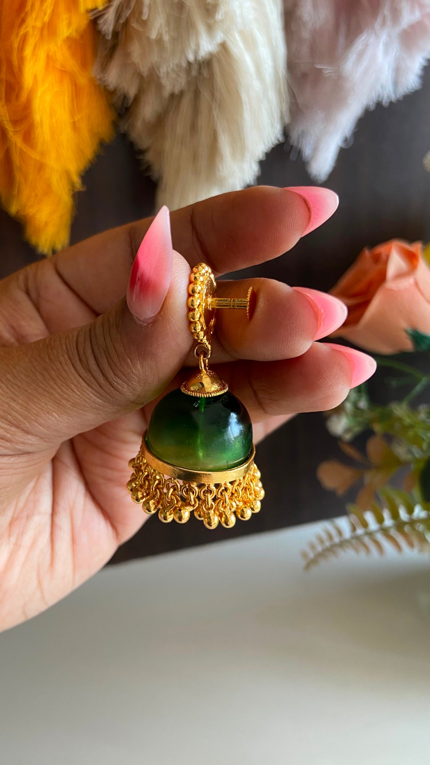 Gold Plated Green Glass Stone Jumka