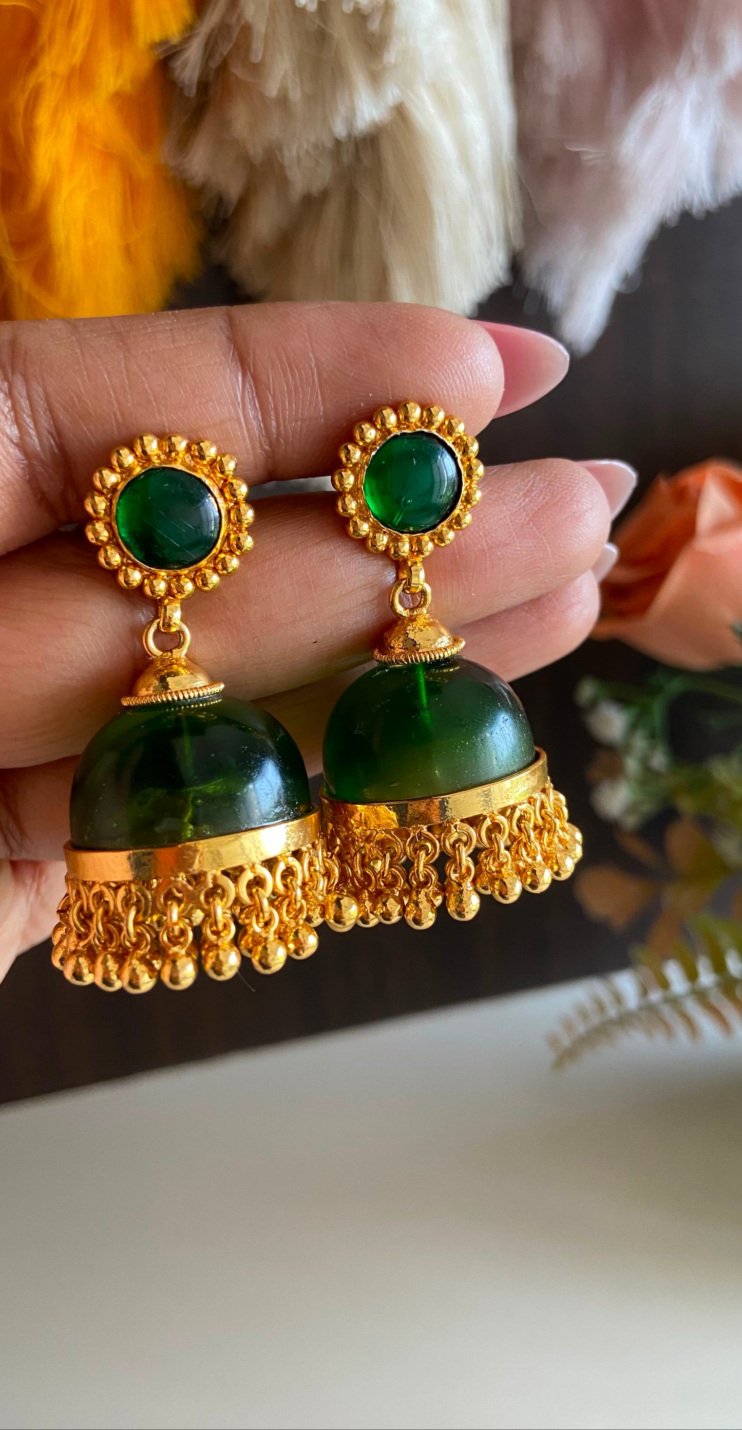 Gold Plated Green Glass Stone Jumka