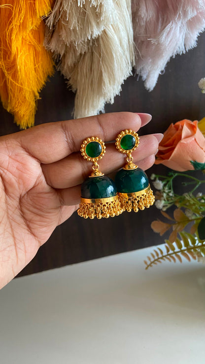 Gold Plated Dark Green Glass Stone Jumka