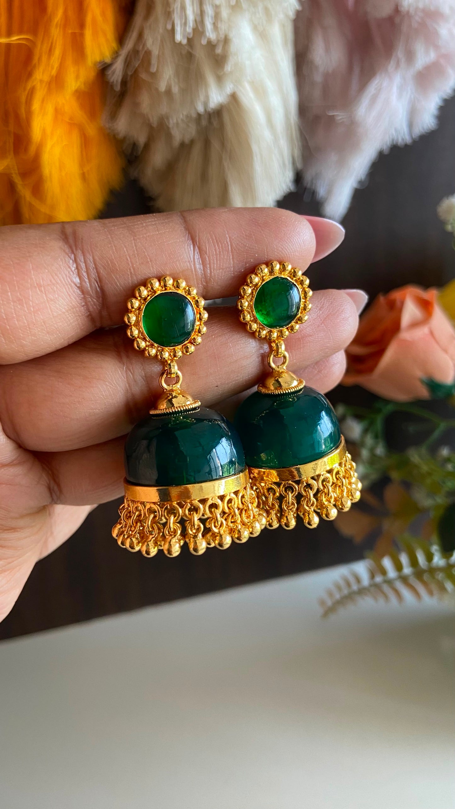 Gold Plated Dark Green Glass Stone Jumka