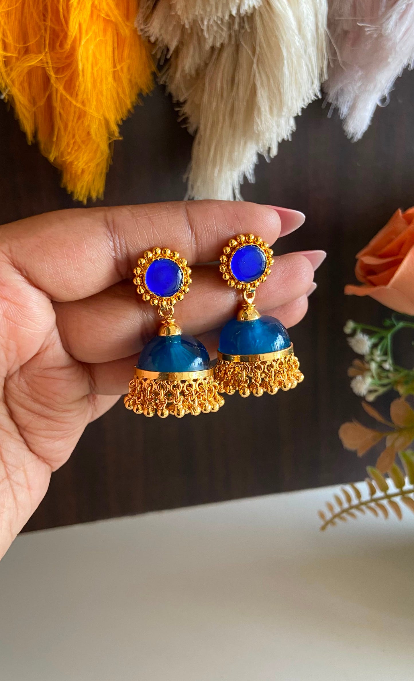 Gold Plated Peacock Blue Glass Stone Jumka