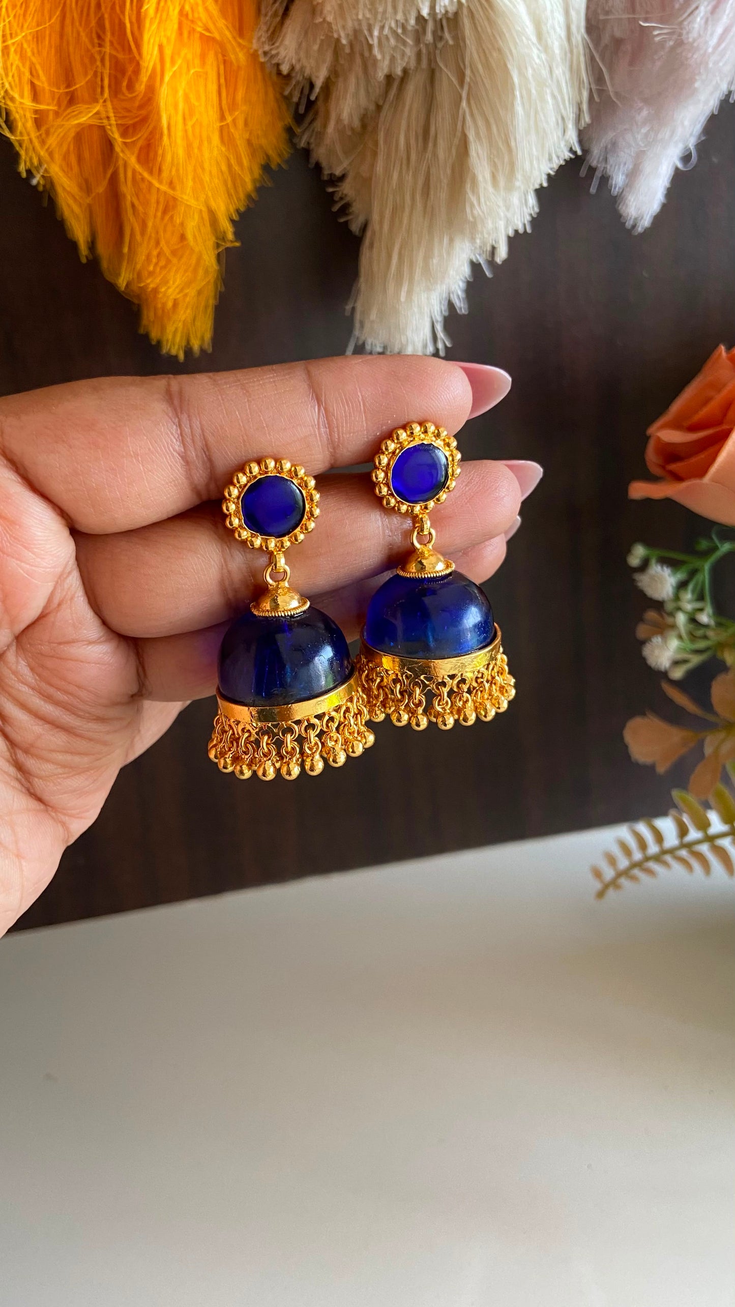 Gold Plated Blue Glass Stone Jumka