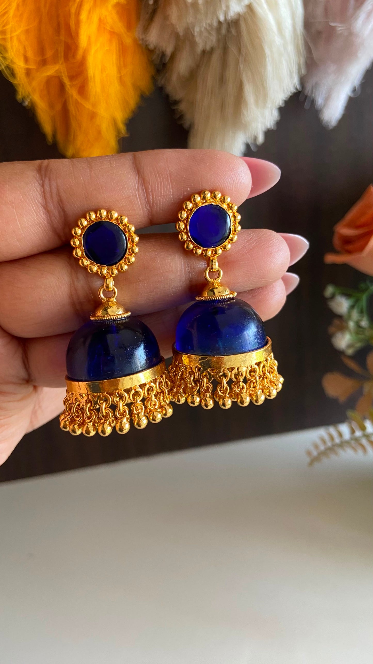 Gold Plated Blue Glass Stone Jumka